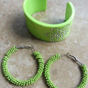 Y2K Chartreuse Rhinestone Flower Cuff Bracelet & Large Beaded Hoop Earrings